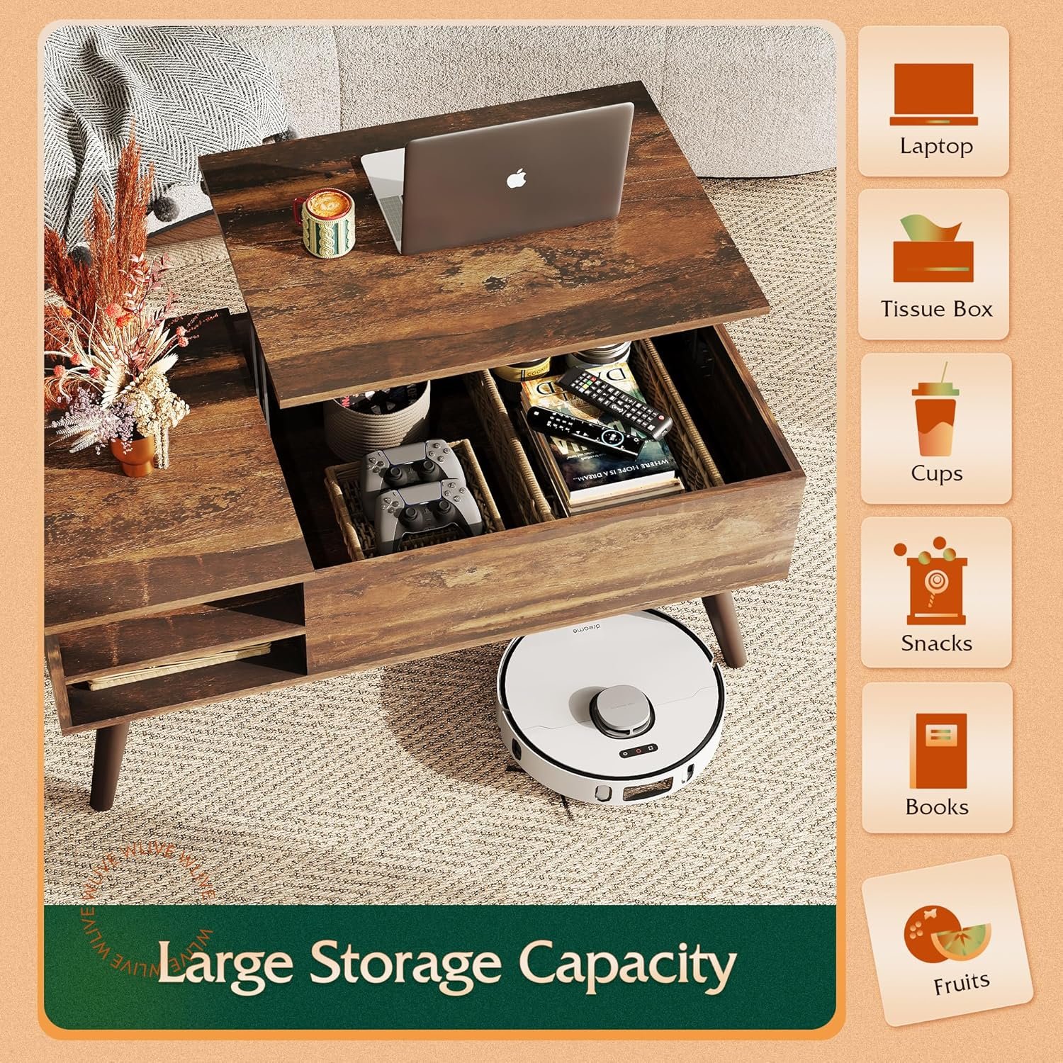 WLIVE Wood Lift Top Coffee Table with Hidden Compartment and Adjustable Storage Shelf, Lift Tabletop Dining Table for Home Living Room, Office, Rustic Oak 4 WLIVE Wood Lift Top Coffee Table with Hidden Compartment and Adjustable Storage Shelf, Lift Tabletop Dining Table for Home Living Room, Office, Rustic Oak - Image 4