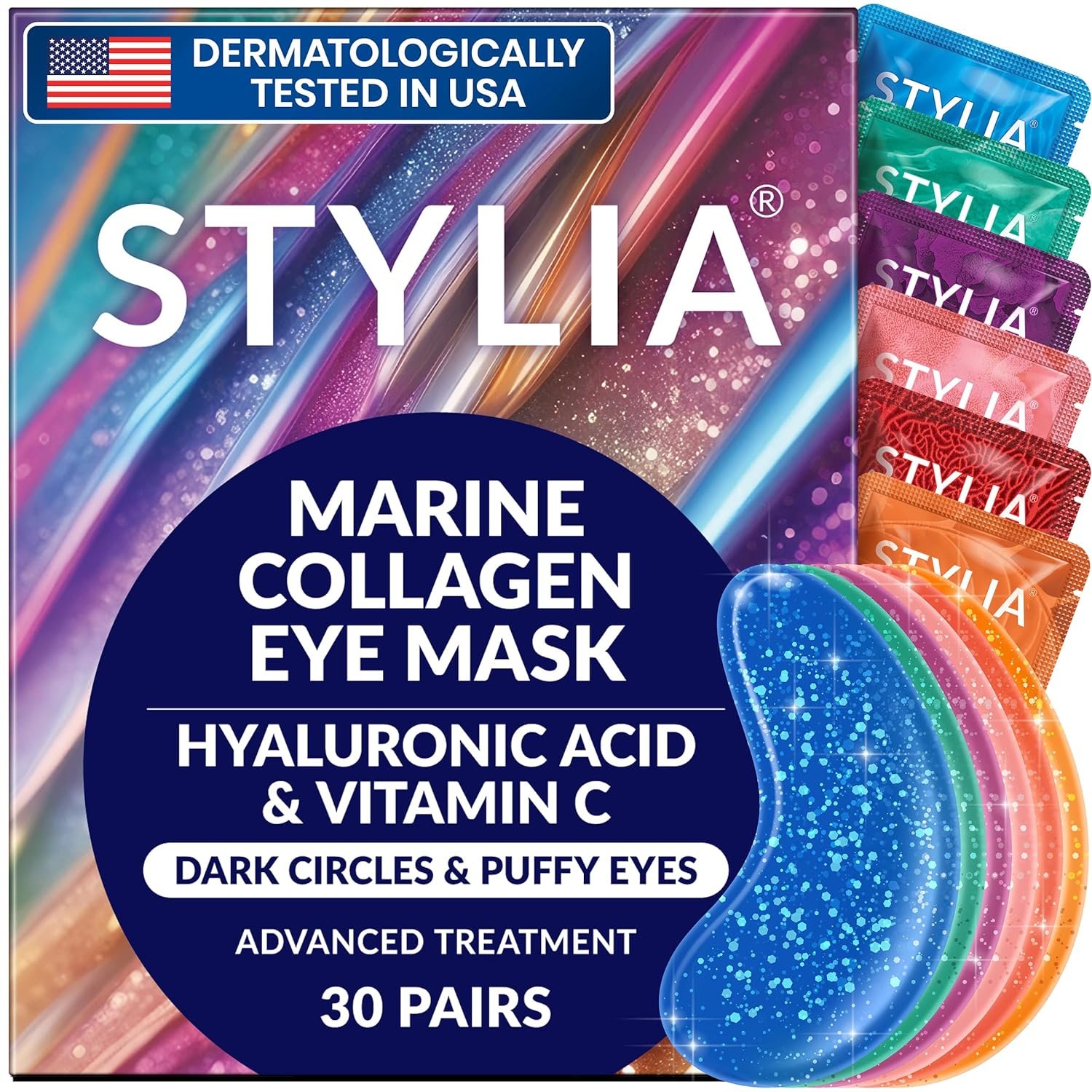 Stylia Under Eye Patches for Puffy Eyes and Dark Circles (30 Pairs), Marine Collagen Under Eye Mask with Vitamin C, Hyaluronic Acid, Pearl Extract, Eye Masks for Dark Circles and Puffiness