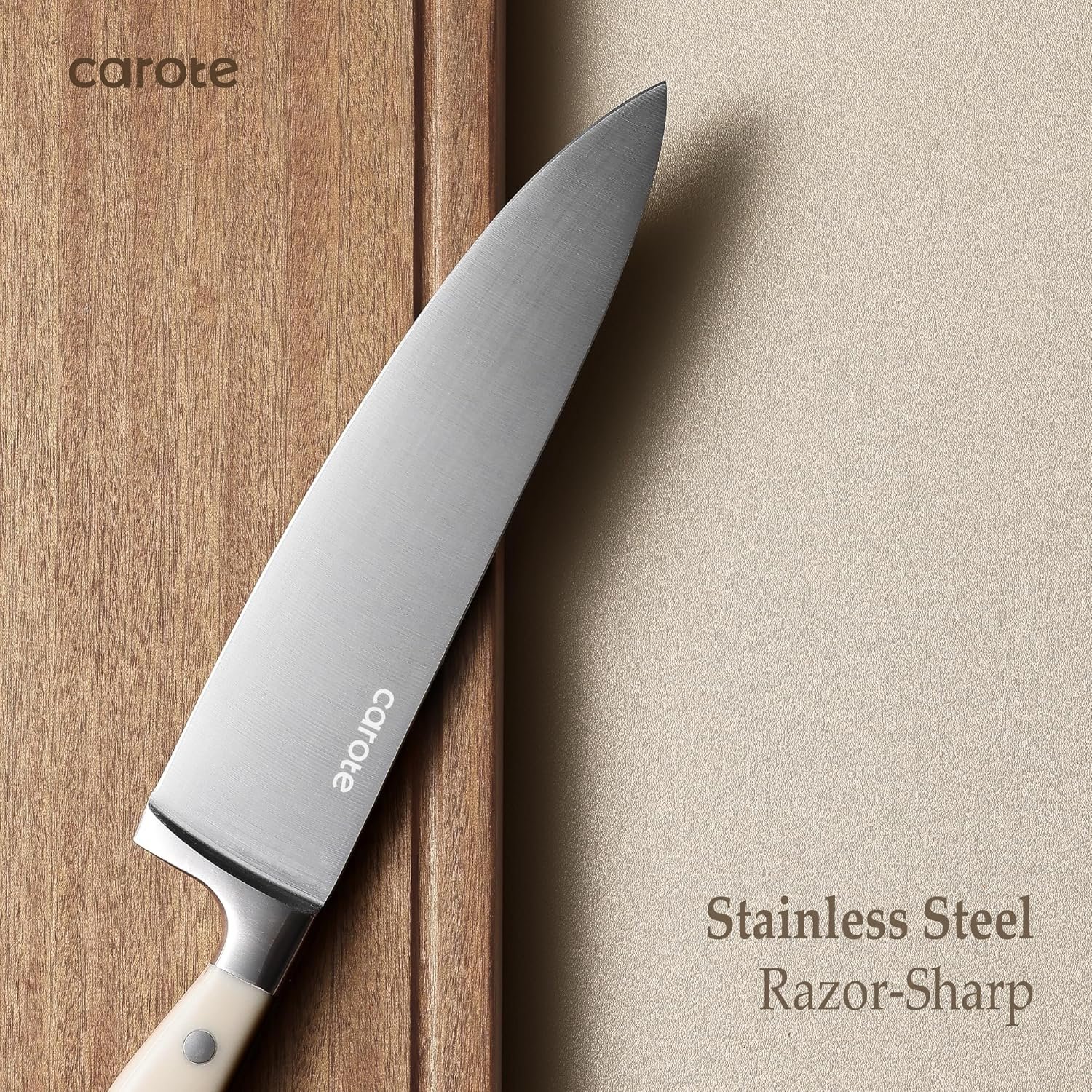 CAROTE 14 Pieces Knife Set with Block, Forged, High Carbon Stainless Steel Sharp Blade Block Knife Set, Dishwasher Safe Cutlery, Cream 3 CAROTE 14 Pieces Knife Set with Block, Forged, High Carbon Stainless Steel Sharp Blade Block Knife Set, Dishwasher Safe Cutlery, Cream - Image 3