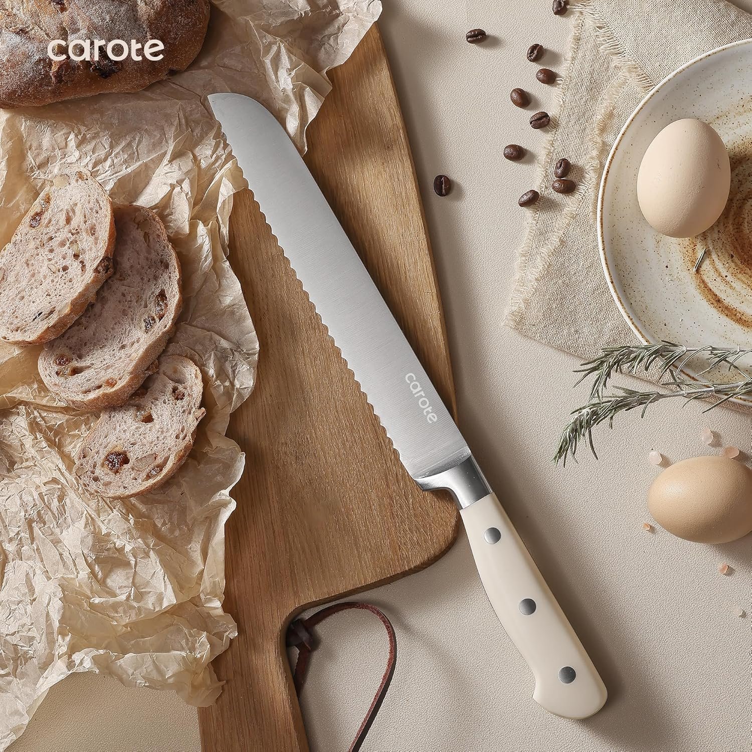 CAROTE 14 Pieces Knife Set with Block, Forged, High Carbon Stainless Steel Sharp Blade Block Knife Set, Dishwasher Safe Cutlery, Cream 8 CAROTE 14 Pieces Knife Set with Block, Forged, High Carbon Stainless Steel Sharp Blade Block Knife Set, Dishwasher Safe Cutlery, Cream - Image 8