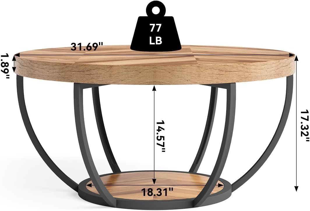LITTLE TREE Round Coffee Table, 32" Circle Coffee Table for Living Room, 2-Tier Wood Accent Center Table with Open Storage Industrial Design Home Furniture (Wood Grain and Black) 3 LITTLE TREE Round Coffee Table, 32" Circle Coffee Table for Living Room, 2-Tier Wood Accent Center Table with Open Storage Industrial Design Home Furniture (Wood Grain and Black) - Image 3