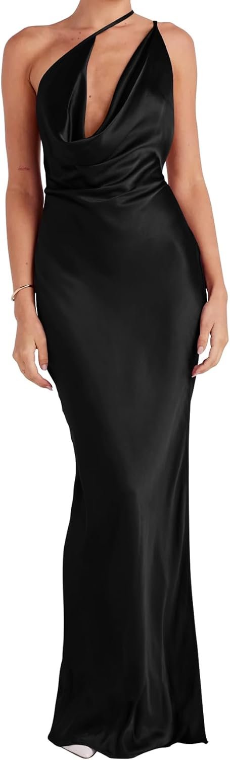 Memoriesea Women's Low Cut Cowl Neck Open Back Tie Up Cocktail Party Maxi Dress