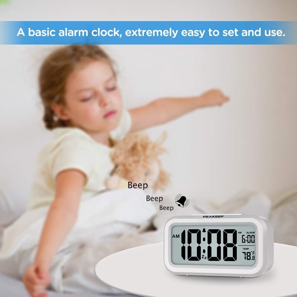 Peakeep Night Light Digital Alarm Clock Battery Operated with Indoor Temperature, Desk Small Clock (White) 2 Peakeep Night Light Digital Alarm Clock Battery Operated with Indoor Temperature, Desk Small Clock (White) - Image 2