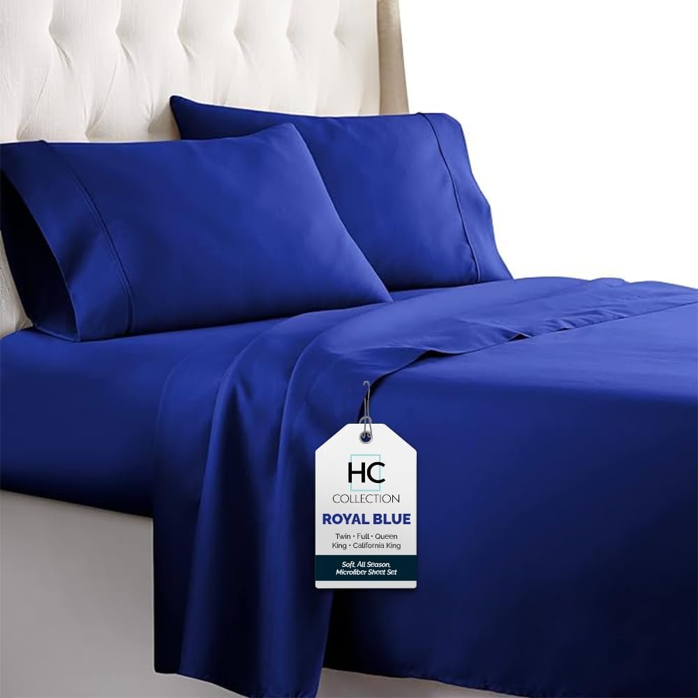 HC COLLECTION Queen Sheet Set, 4 pc Bed Sheets & Pillowcases Set - Machine Washable for Easy Care - Soft & Breathable All Season Microfiber Sheets with Deep Pockets - Royal Blue