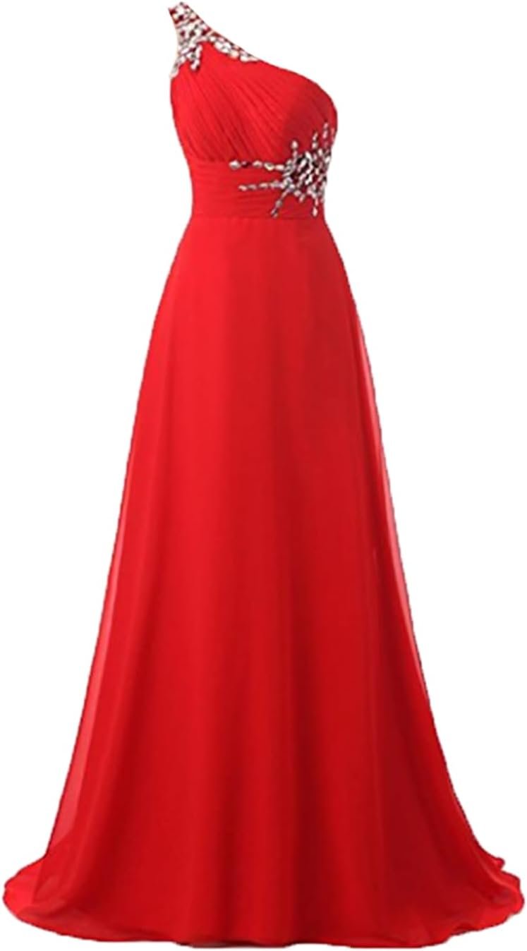 Women's One Shoulder Long Chiffon Prom Evening Dresses Beaded Elegant Classy Wedding Party Gowns