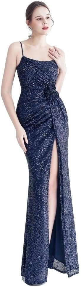 Blue Glittering Sequin Evening Dress Woman Sexy Strap Slit Gowns Luxury Elegant Prom Long Skirt