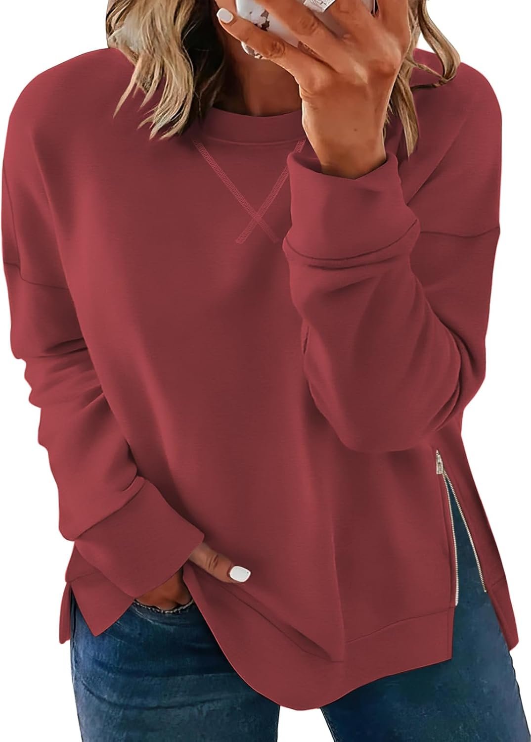 VISLILY Women's-Plus-Size-Oversized-Sweatshirts Trendy Zipper Side Slit Pullover Tops Casual Loose Long Sleeve Shirts XL-5XL