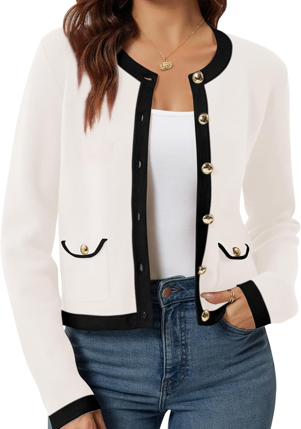 Yousify Womens Button Down Cardigan Long Sleeve Color Block Cropped Cardigan Sweaters Knit Blazer with Pockets