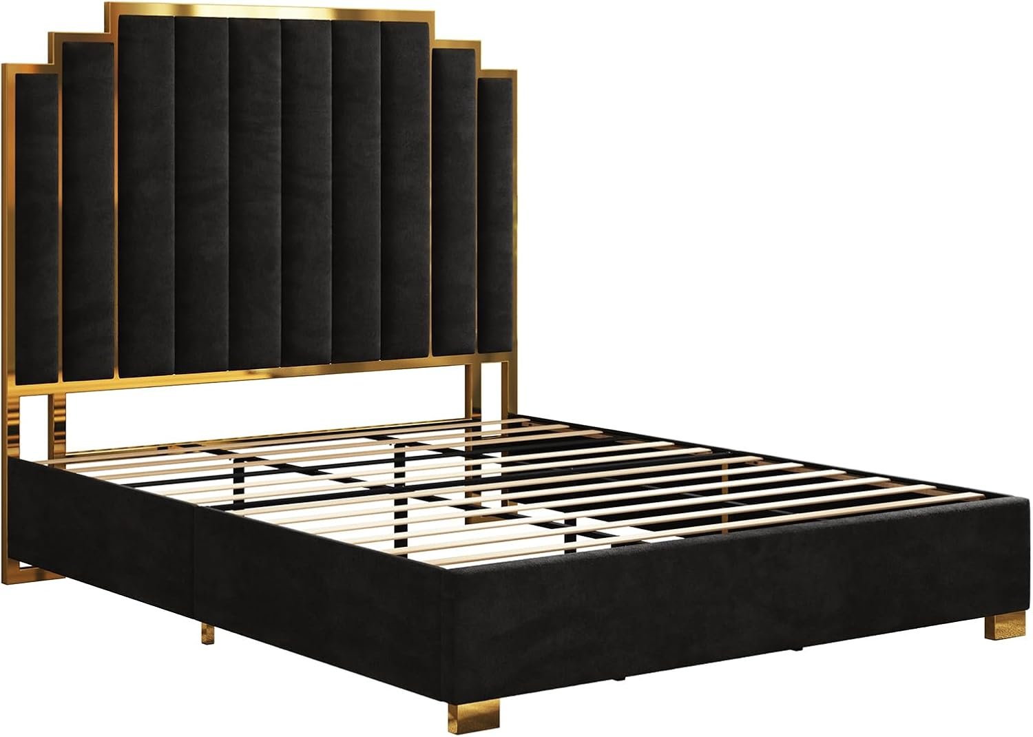 AMERLIFE King Size Upholstered Bed, Modern Velvet Bed Frame with 65.4” Tall Gold Trim Headboard, No Box Spring Needed, Black 8 AMERLIFE King Size Upholstered Bed, Modern Velvet Bed Frame with 65.4” Tall Gold Trim Headboard, No Box Spring Needed, Black - Image 8