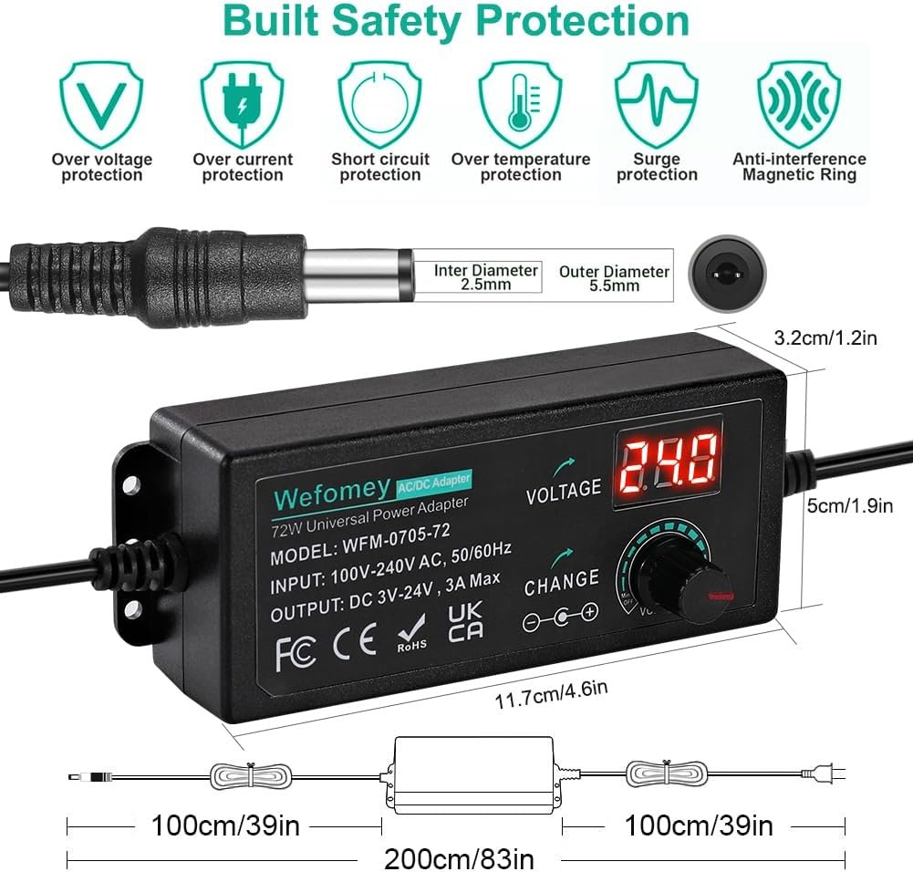 Universal Power Supply 3V~24V 3A 72W Adjustable Variable 3V 5V 9V 12V 18V 20V 24V AC/DC Adapter Charger, 100V-240V AC to DC Converter with 14 Tips, Polarity Converter and 4-Way Power Splitter Cable 3 Universal Power Supply 3V~24V 3A 72W Adjustable Variable 3V 5V 9V 12V 18V 20V 24V AC/DC Adapter Charger, 100V-240V AC to DC Converter with 14 Tips, Polarity Converter and 4-Way Power Splitter Cable - Image 3