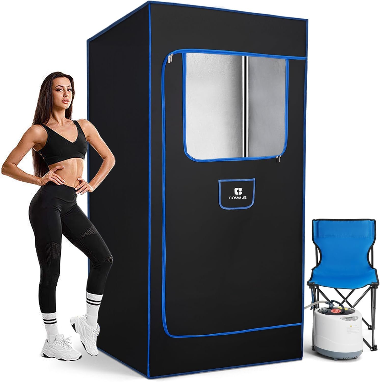 COSVALVE Portable Steam Saunas, at Home Sauna Full Size, Personal Steam Sauna Box, 4L & 1600W Steam Generator, Remote Control, Timer, Foldable Chair, 31.5''*31.5''*70.87''H