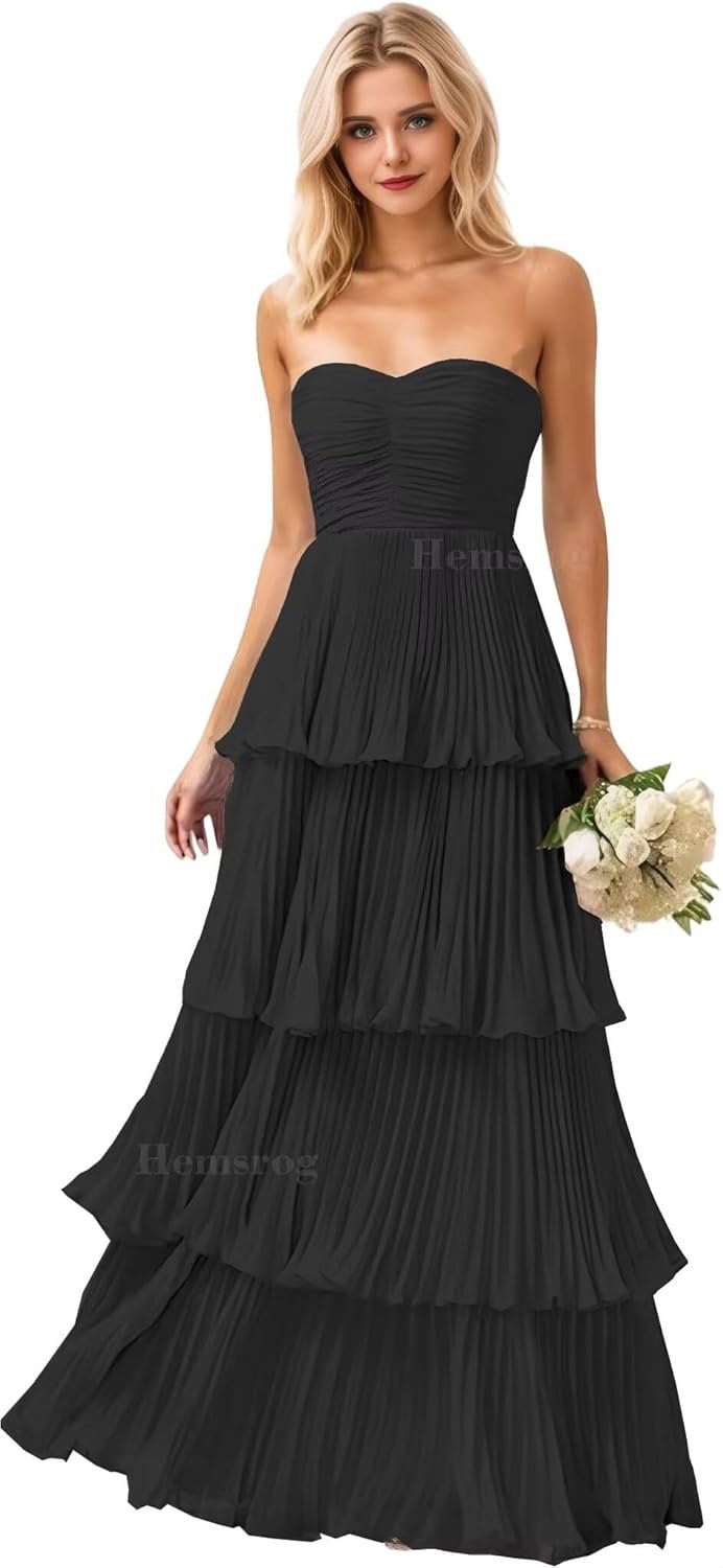 Tiered Ruffle Bridesmaid Dresses for Wedding Strapless Chiffon Prom Dresses Long Flowy Formal Evening Gowns for Women