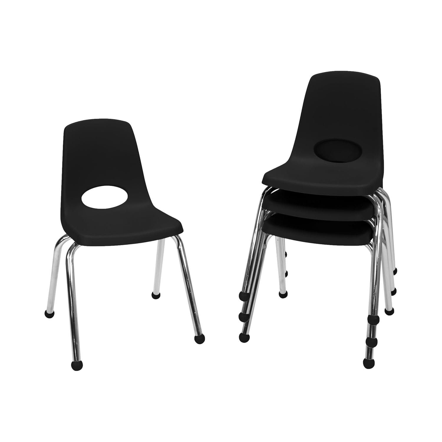 FDP 16" School Stack Chair, Stacking Student Seat with Chromed Steel Legs and Ball Glides; for in-Home Learning or Classroom - Black (4-Pack), 10382-BK