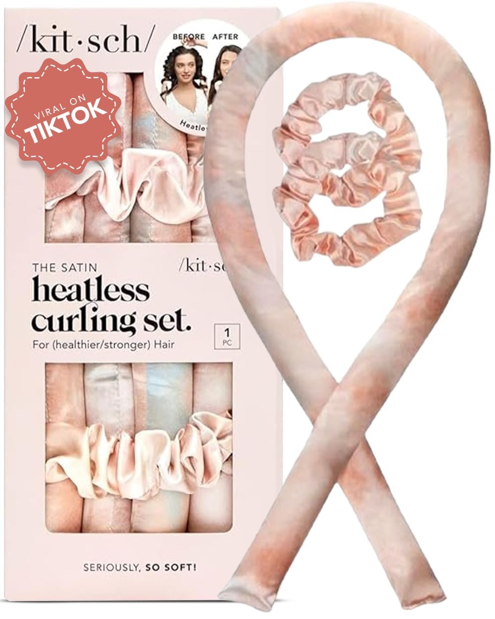 Kitsch Satin Heatless Hair Curler Set - Heatless Curls Overnight, Hair Rollers for Soft Curls & Frizz-Free Styling, No Heat Curlers To Sleep in, Curling Rod Headband with 2 Scrunchies - Sunset Tie Dye