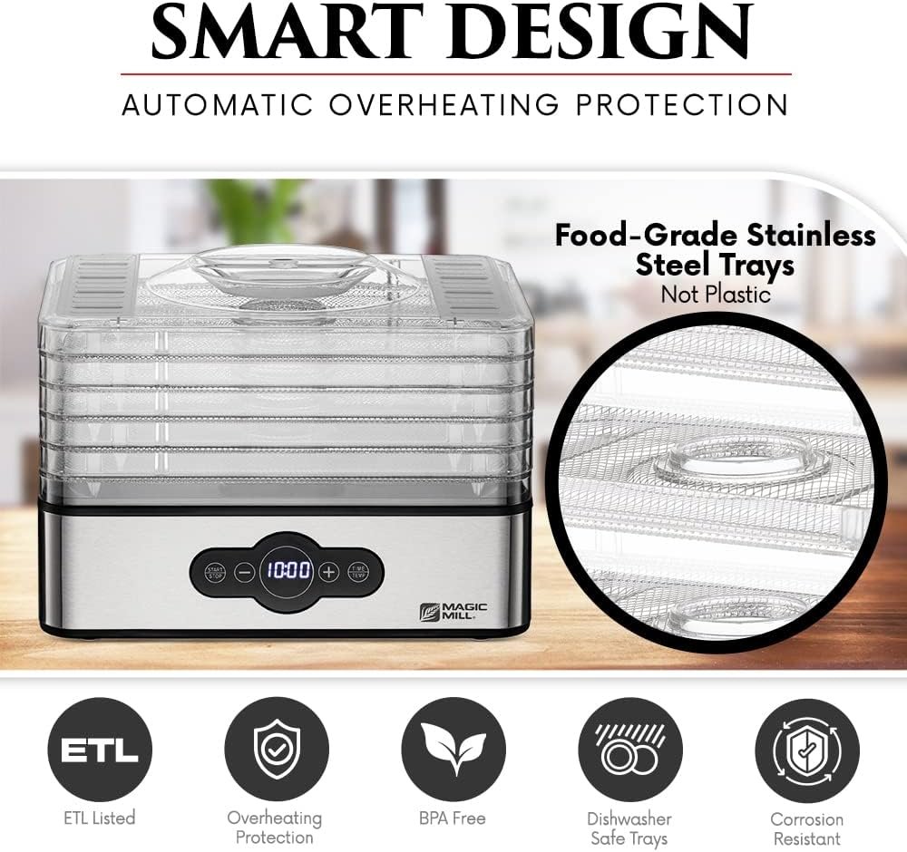 Magic Mill Food Dehydrator Machine | 5 Stackable Stainless Steel Trays Jerky Dryer with Digital Adjustable Timer & Temperature Control - Electric Food Preserver for Fruits, Veggies, Meats & Dog Treats 7 Magic Mill Food Dehydrator Machine | 5 Stackable Stainless Steel Trays Jerky Dryer with Digital Adjustable Timer & Temperature Control - Electric Food Preserver for Fruits, Veggies, Meats & Dog Treats - Image 7