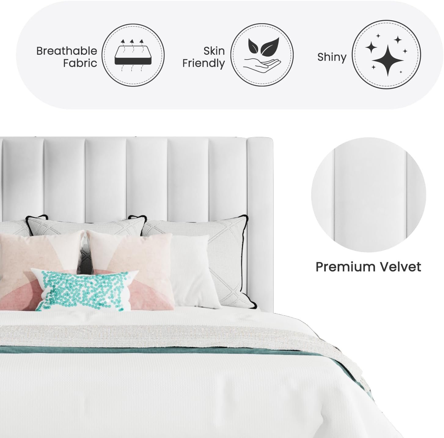 SHA CERLIN Full Bed Frame/Velvet Upholstered Platform Bed Frame with Headboard/Strong Wood Slats Support/Mattress Foundation/No Box Spring Needed/Easy Assembly/White 6 SHA CERLIN Full Bed Frame/Velvet Upholstered Platform Bed Frame with Headboard/Strong Wood Slats Support/Mattress Foundation/No Box Spring Needed/Easy Assembly/White - Image 6