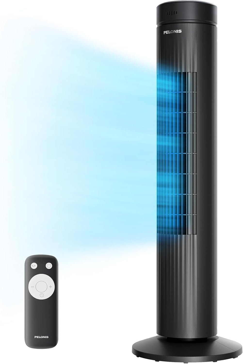 Pelonis 30 Inch Bladeless Tower Fan for Bedroom, Oscillating Fan with 3 Speed, 37dB, Remote Control, 7-Hour Timer, Fan that Blows Cold Air, Black