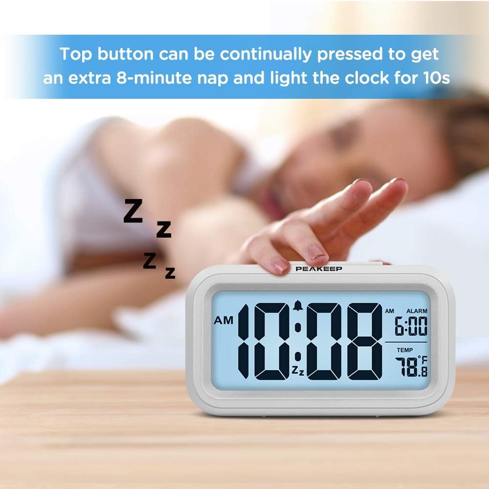 Peakeep Night Light Digital Alarm Clock Battery Operated with Indoor Temperature, Desk Small Clock (White) 3 Peakeep Night Light Digital Alarm Clock Battery Operated with Indoor Temperature, Desk Small Clock (White) - Image 3