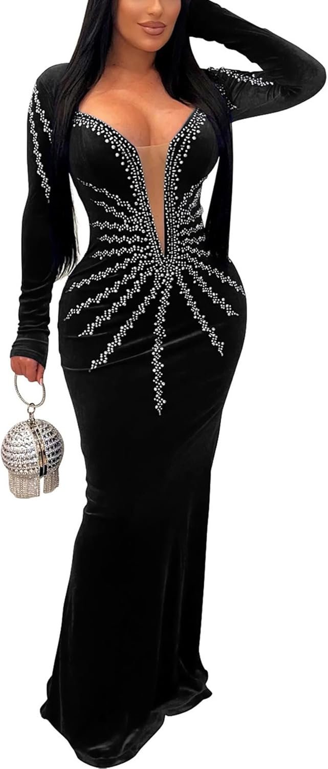 Zoctuo Women's Sexy Elegant Rhinestone Sheer Mesh Bodycon Dresses Party Club Night Outfit Hot Drilling Gowns