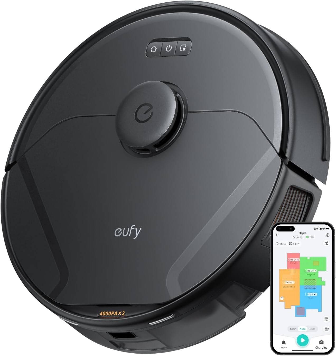 eufy X8 Pro Robot Vacuum, Twin-Turbine 2× 4,000 Pa Powerful Suction, Active Detangling Roller Brush, and iPath Laser Navigation for Pet Hair Deep Cleaning on Carpet