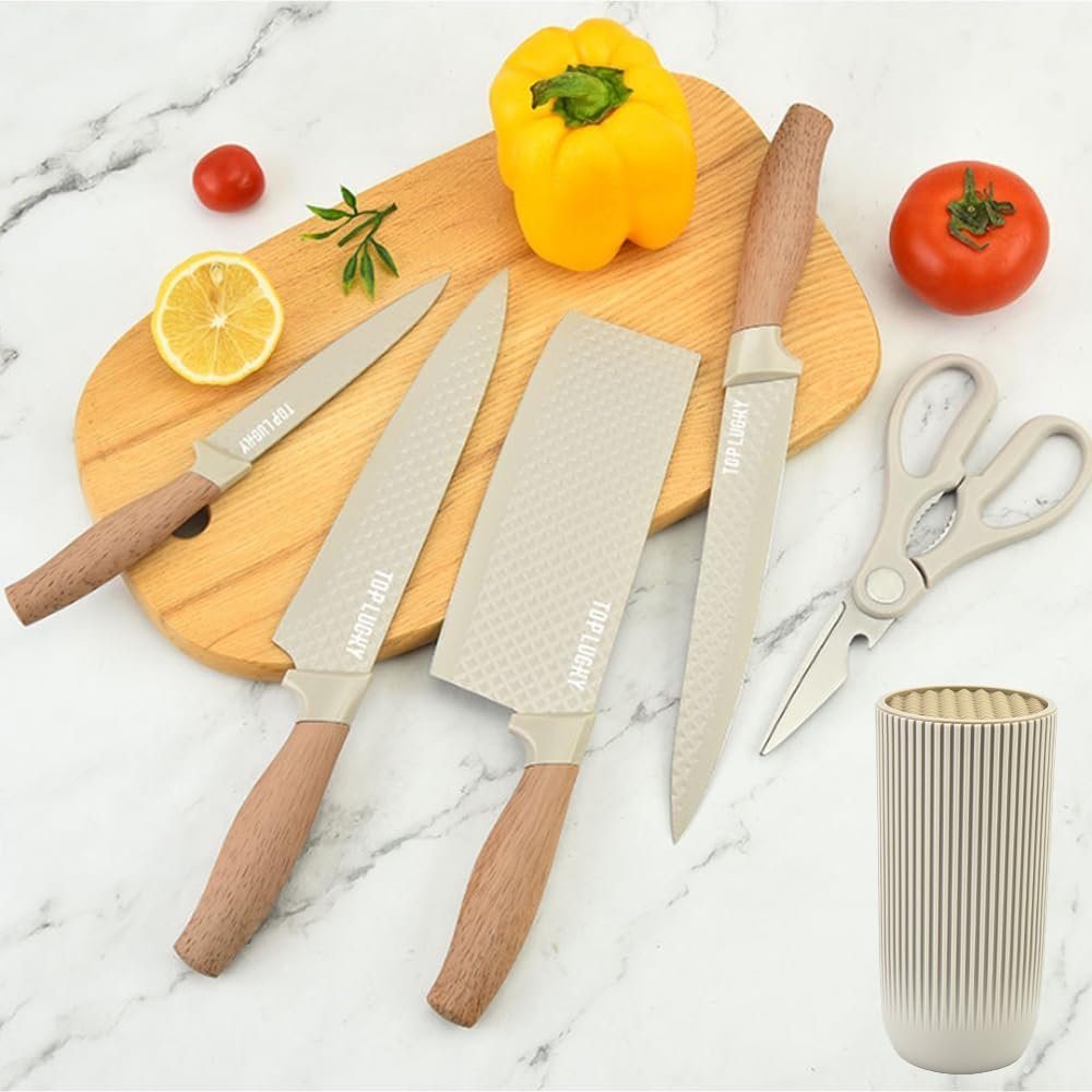 Knife Set, Wiztoynia 6-Piece Khaki Kitchen Knife Set for Home, Anti-Rust Non-stick Stainless Steel Sharp Chef Knife Set with Universal Knife Block for Kitchen, Ergonomical Design (Khaki) 2 Knife Set, Wiztoynia 6-Piece Khaki Kitchen Knife Set for Home, Anti-Rust Non-stick Stainless Steel Sharp Chef Knife Set with Universal Knife Block for Kitchen, Ergonomical Design (Khaki) - Image 2