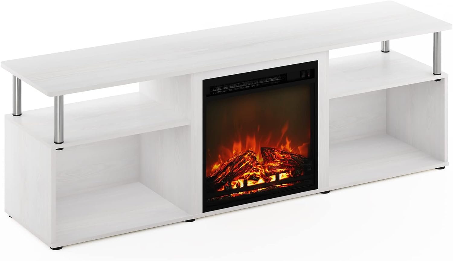 Furinno Jensen Open Storage Fireplace Entertainment Center for TV up to 70 Inch with Stainless Steel Tubes, White Oak/Chrome