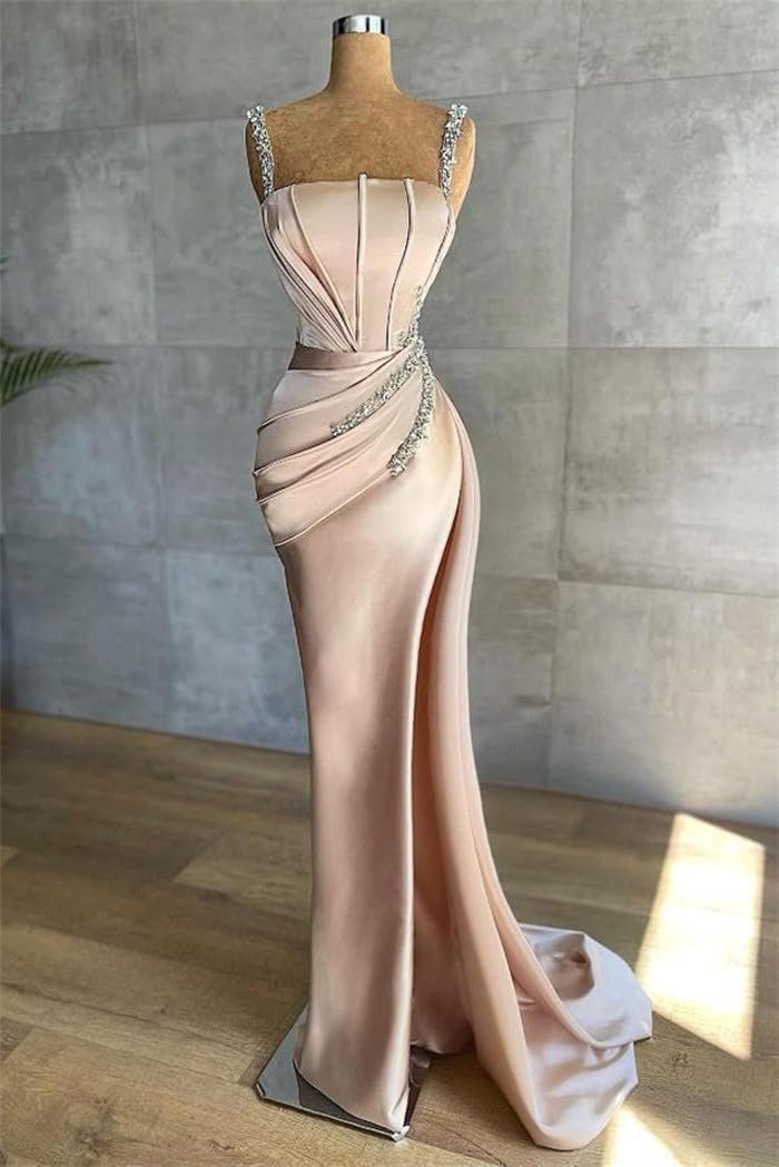Jorshiman Spaghetti Straps Prom Dresses Long Beaded Formal Evening Gowns Satin Bridesmaids Dresses for Wedding