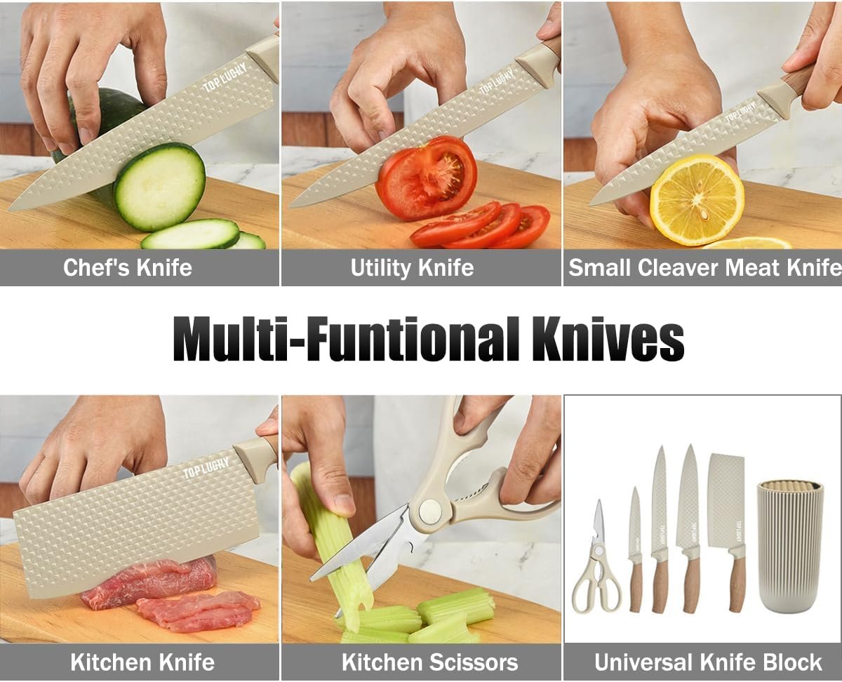 Knife Set, Wiztoynia 6-Piece Khaki Kitchen Knife Set for Home, Anti-Rust Non-stick Stainless Steel Sharp Chef Knife Set with Universal Knife Block for Kitchen, Ergonomical Design (Khaki) 4 Knife Set, Wiztoynia 6-Piece Khaki Kitchen Knife Set for Home, Anti-Rust Non-stick Stainless Steel Sharp Chef Knife Set with Universal Knife Block for Kitchen, Ergonomical Design (Khaki) - Image 4