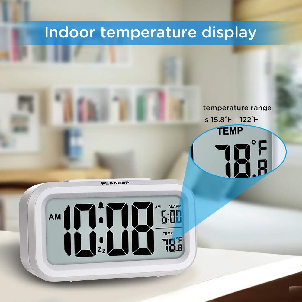 Peakeep Night Light Digital Alarm Clock Battery Operated with Indoor Temperature, Desk Small Clock (White) 4 Peakeep Night Light Digital Alarm Clock Battery Operated with Indoor Temperature, Desk Small Clock (White) - Image 4