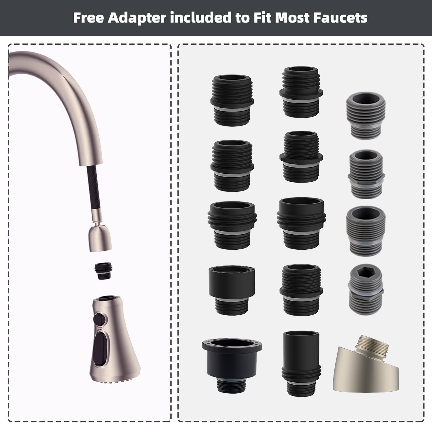 Hibbent Pull Down Spray Head for Kitchen Faucet, 3-Function Spray Nozzle with 15 Adapters, Sink Faucet Head Replacement Compatible with Moen, American Standard, Delta, Kohler Faucets, Brushed Nickel 6 Hibbent Pull Down Spray Head for Kitchen Faucet, 3-Function Spray Nozzle with 15 Adapters, Sink Faucet Head Replacement Compatible with Moen, American Standard, Delta, Kohler Faucets, Brushed Nickel - Image 6