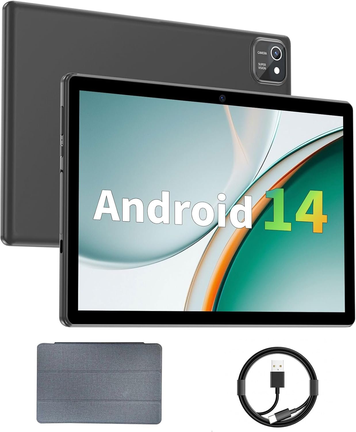 Tablet 10 inch Android 14 Tablets, 6GB RAM 64GB ROM 1TB Expand, Quad-Core Processor, 1280x800 LCD Touch Screen, WiFi 5, Dual Camera, BT5.0, 6000mAh Battery (Black)