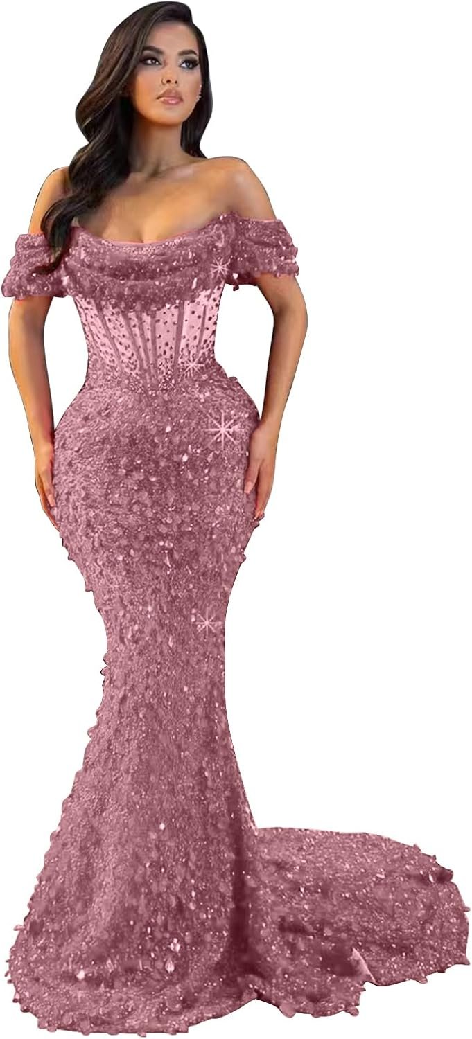 RYANTH Long Sequin Prom Dresses 2025 for Women Off Shoulder Mermaid Formal Dress Elegant Corset Cocktail Dress RDX-P1050