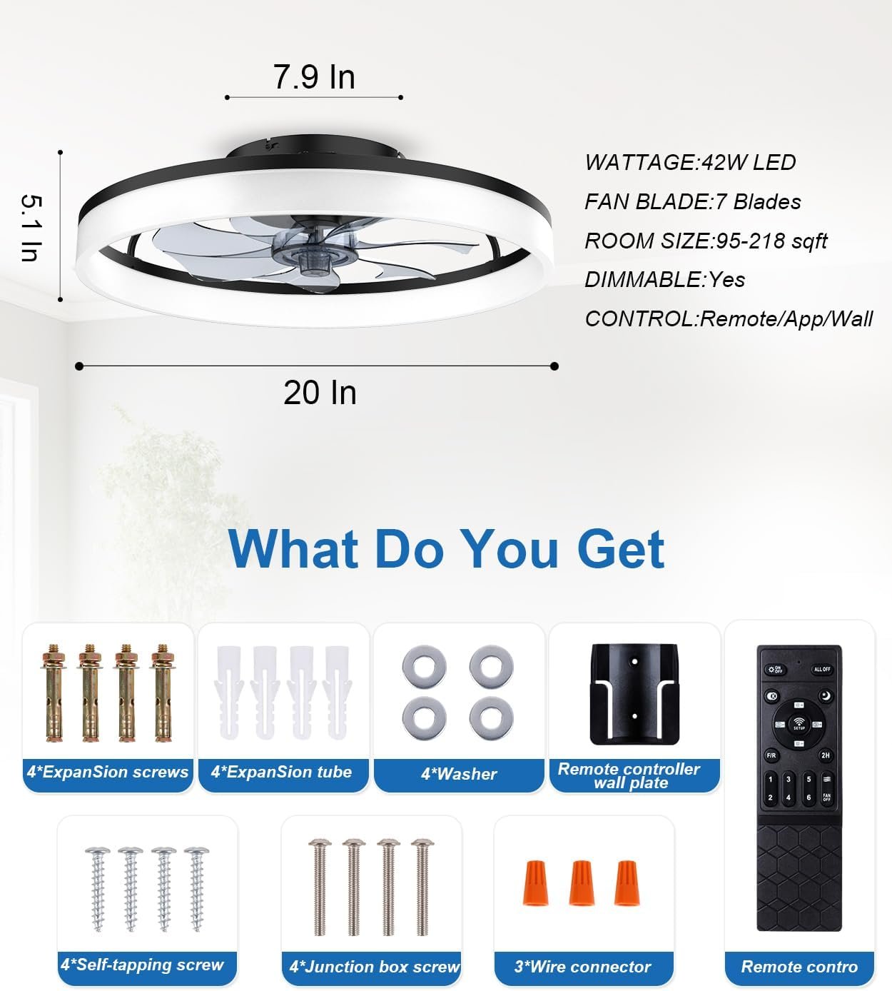 Ceiling Fans with Lights and Remote, 20" Modern Low Profile Ceiling Fan with Light, Stepless Color Temperature Change and 6 Speeds for Bedroom, Kids Room and Living Room (Black) 7 Ceiling Fans with Lights and Remote, 20" Modern Low Profile Ceiling Fan with Light, Stepless Color Temperature Change and 6 Speeds for Bedroom, Kids Room and Living Room (Black) - Image 7