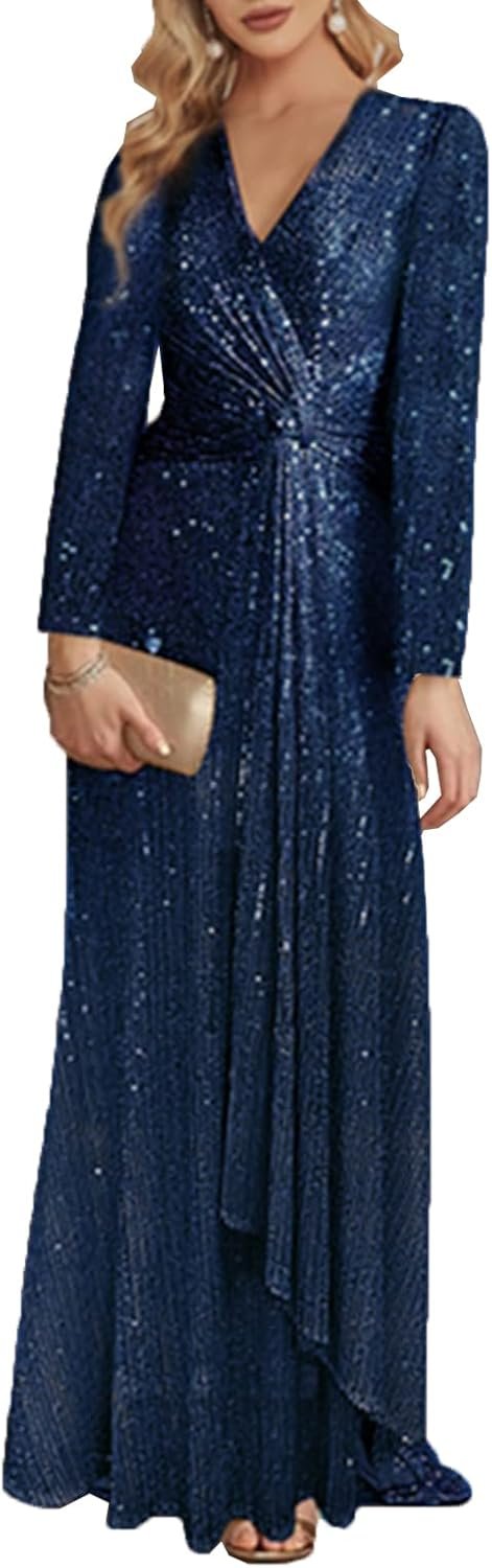 Women's Luxury Long Sleeve V-Neck Evening Dress Party Women Wedding Sequins for Female Guests Prom Cocktail Dresses