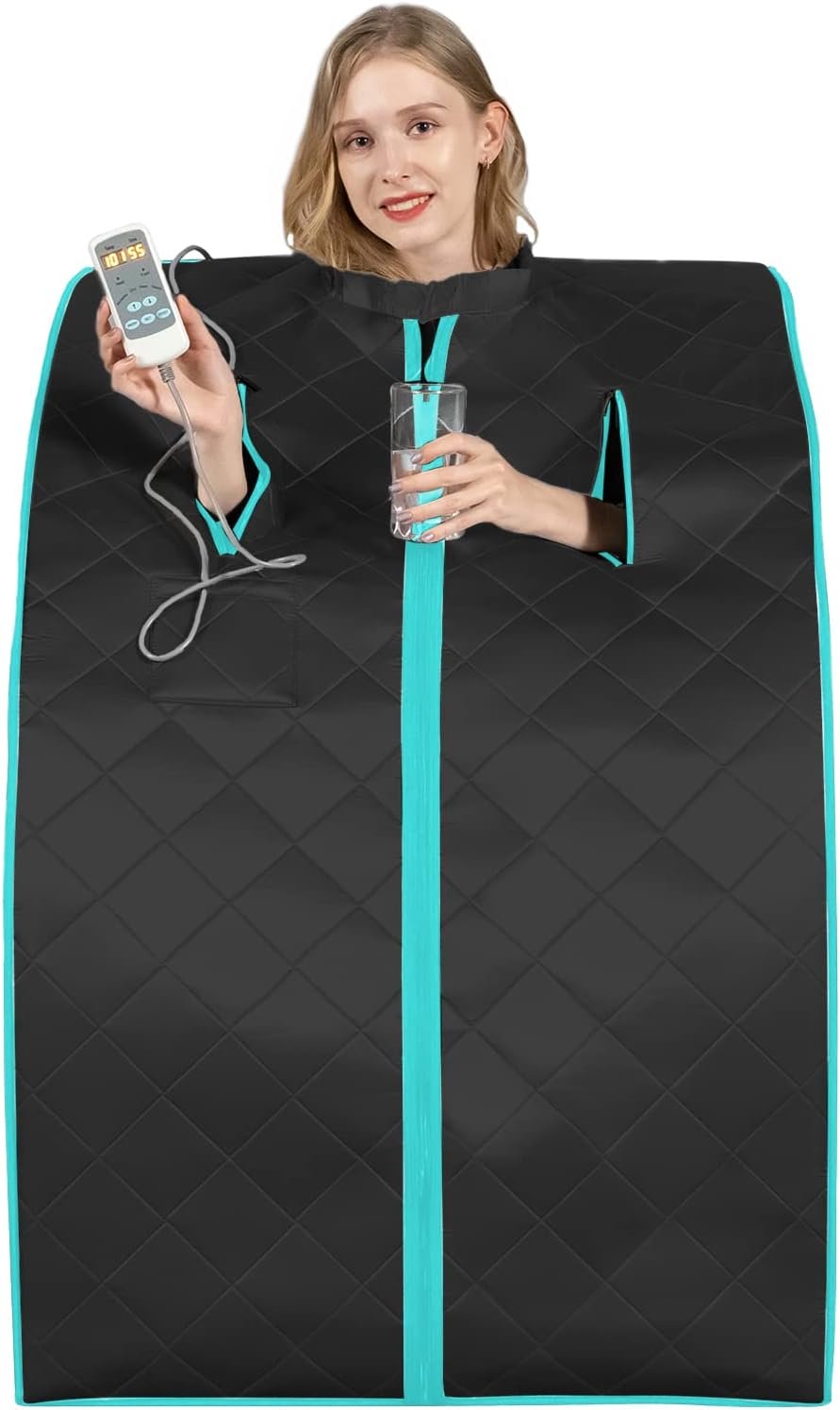 Smartmak Far Infrared Sauna, Full Body One Person Portable SPA Set with Time & Tempreture Remote Control, Heating Foot Pad and Foldable Reinforced Chair (L 27.6’’ x W 31.5’’ x H 37.8’’) - Black