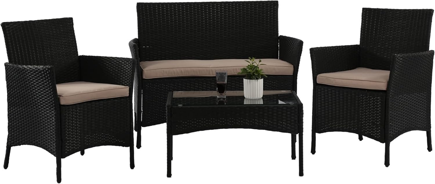 4 Pieces Patio Furniture Set Rattan Outside Furniture Wicker Sofa Garden Conversation Sets with Soft Cushion and Glass Table for Yard Pool or Backyard,Black