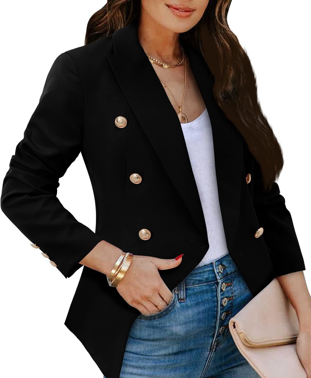 CRAZY GRID Womens Casual Blazer Jacket Gold Button Long Sleeve Work 0ffice Blazer Lapel Jacket