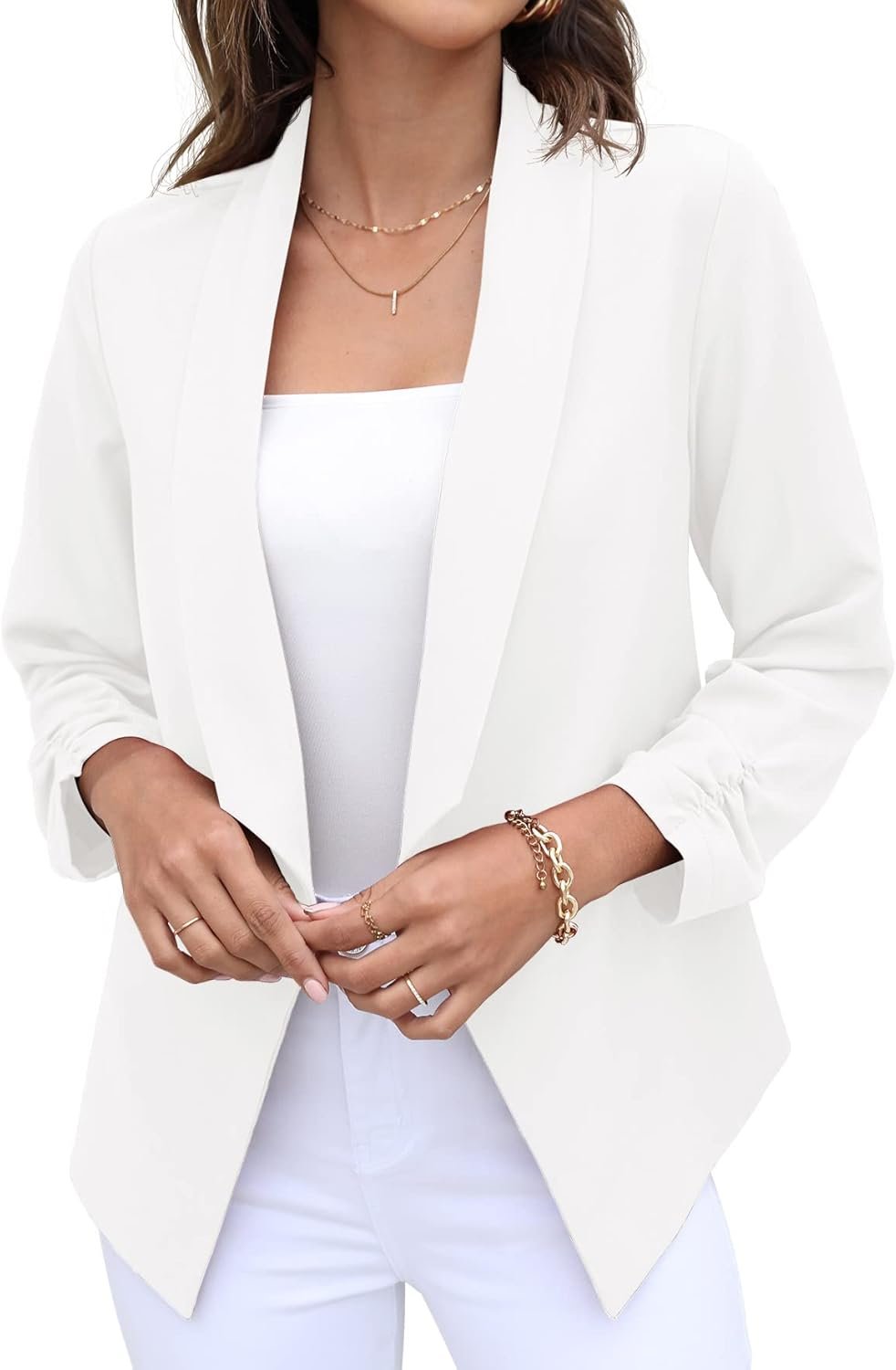 GRECERELLE Women's Blazer Suit Open Front Cardigan 3/4 Sleeve Fitted Jacket Casual Office Cropped Blazer