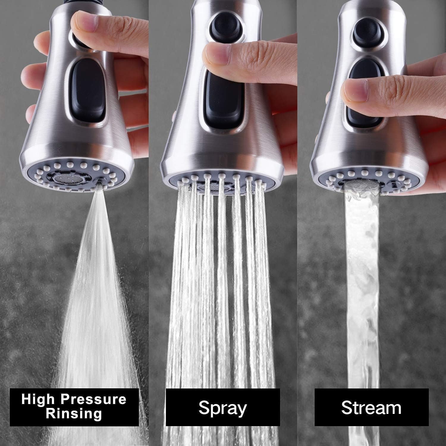 Hibbent Pull Down Spray Head for Kitchen Faucet, 3-Function Spray Nozzle with 15 Adapters, Sink Faucet Head Replacement Compatible with Moen, American Standard, Delta, Kohler Faucets, Brushed Nickel 2 Hibbent Pull Down Spray Head for Kitchen Faucet, 3-Function Spray Nozzle with 15 Adapters, Sink Faucet Head Replacement Compatible with Moen, American Standard, Delta, Kohler Faucets, Brushed Nickel - Image 2