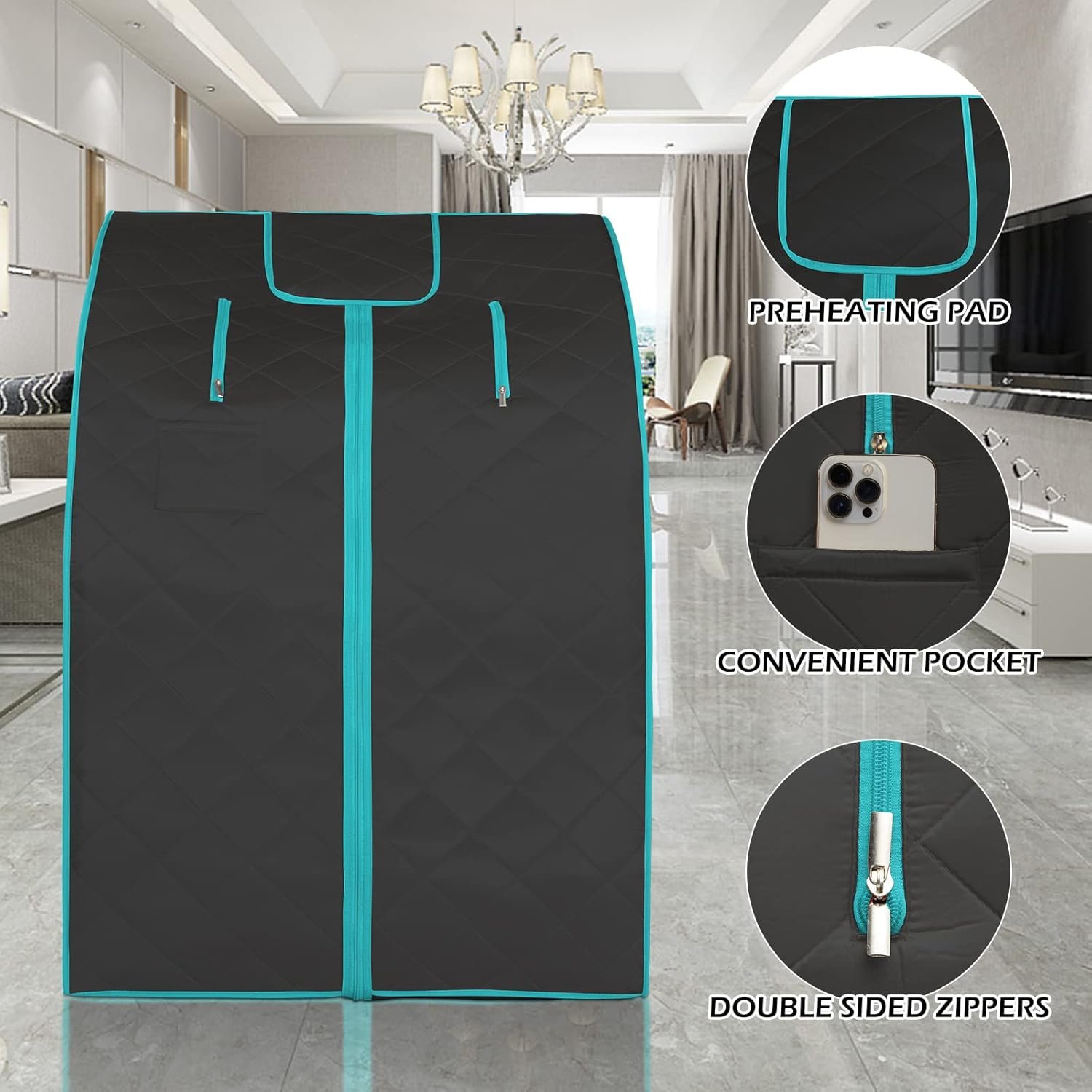 Smartmak Far Infrared Sauna, Full Body One Person Portable SPA Set with Time & Tempreture Remote Control, Heating Foot Pad and Foldable Reinforced Chair (L 27.6’’ x W 31.5’’ x H 37.8’’) - Black 4 Smartmak Far Infrared Sauna, Full Body One Person Portable SPA Set with Time & Tempreture Remote Control, Heating Foot Pad and Foldable Reinforced Chair (L 27.6’’ x W 31.5’’ x H 37.8’’) - Black - Image 4