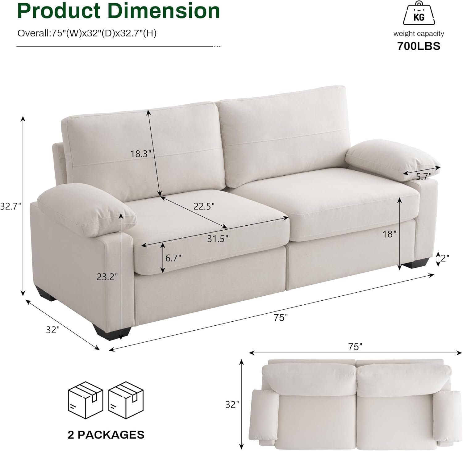 75" Couch for Living Room,3 Seater Sofa,Linen Fabric Deep Seat Couches with Upholstered Cushion and Storage Armrests for Small Space, Apartment(Beige) 2 75" Couch for Living Room,3 Seater Sofa,Linen Fabric Deep Seat Couches with Upholstered Cushion and Storage Armrests for Small Space, Apartment(Beige) - Image 2