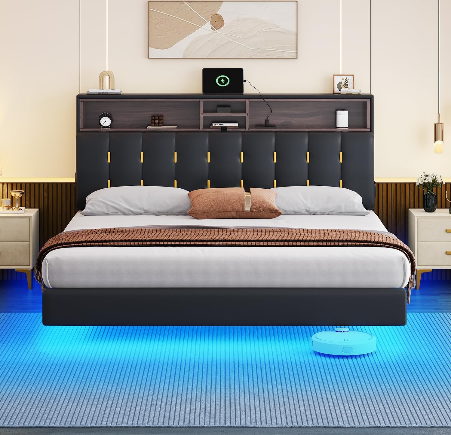 YITAHOME Queen Floating Bed Frame with Charging Station,LED Bed Frame with RGB Lighting and Headboard Storage,PU Upholstered Platform Bed Frame,Box Spring Not Required,Black 6 YITAHOME Queen Floating Bed Frame with Charging Station,LED Bed Frame with RGB Lighting and Headboard Storage,PU Upholstered Platform Bed Frame,Box Spring Not Required,Black - Image 6