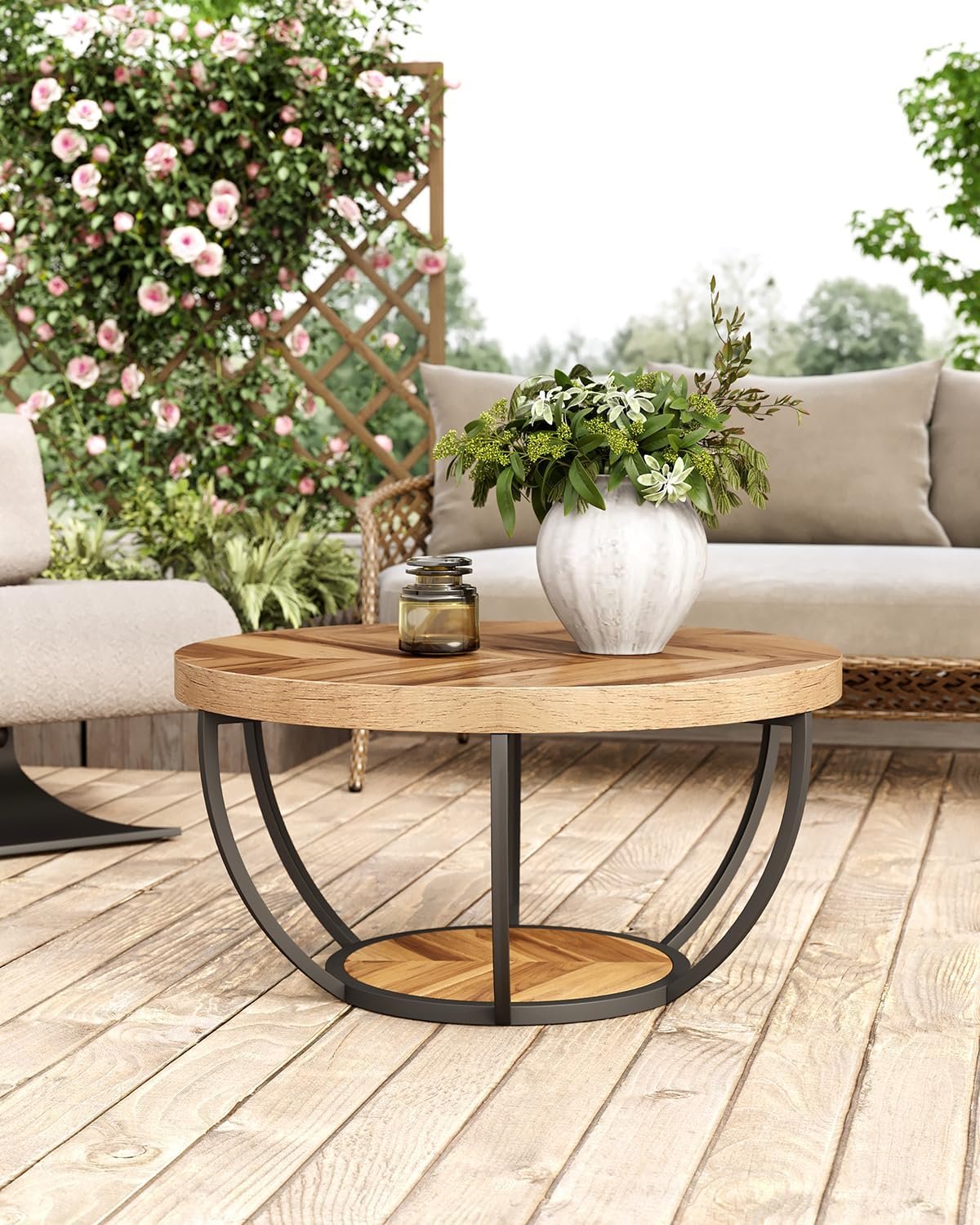 LITTLE TREE Round Coffee Table, 32" Circle Coffee Table for Living Room, 2-Tier Wood Accent Center Table with Open Storage Industrial Design Home Furniture (Wood Grain and Black) 5 LITTLE TREE Round Coffee Table, 32" Circle Coffee Table for Living Room, 2-Tier Wood Accent Center Table with Open Storage Industrial Design Home Furniture (Wood Grain and Black) - Image 5