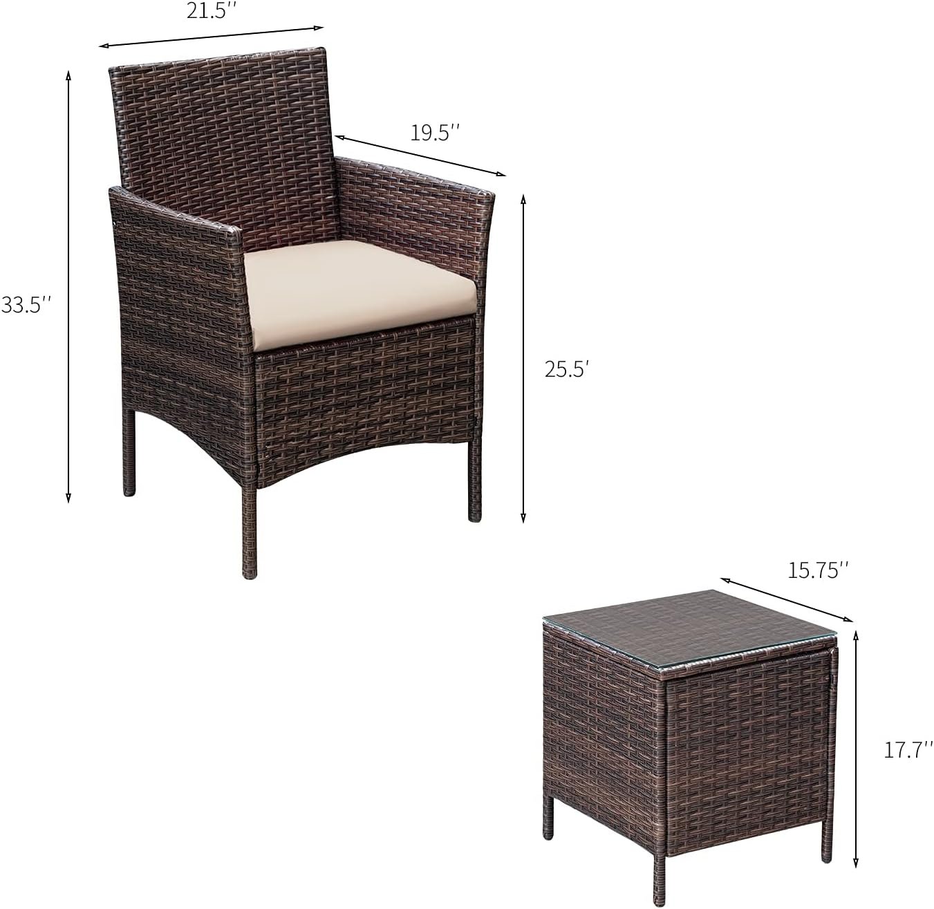 Greesum 3 Pieces Patio Furniture Sets Outdoor PE Rattan Wicker Chairs with Soft Cushion and Glass Coffee Table for Garden Backyard Porch Poolside, Brown and Beige 7 Greesum 3 Pieces Patio Furniture Sets Outdoor PE Rattan Wicker Chairs with Soft Cushion and Glass Coffee Table for Garden Backyard Porch Poolside, Brown and Beige - Image 7