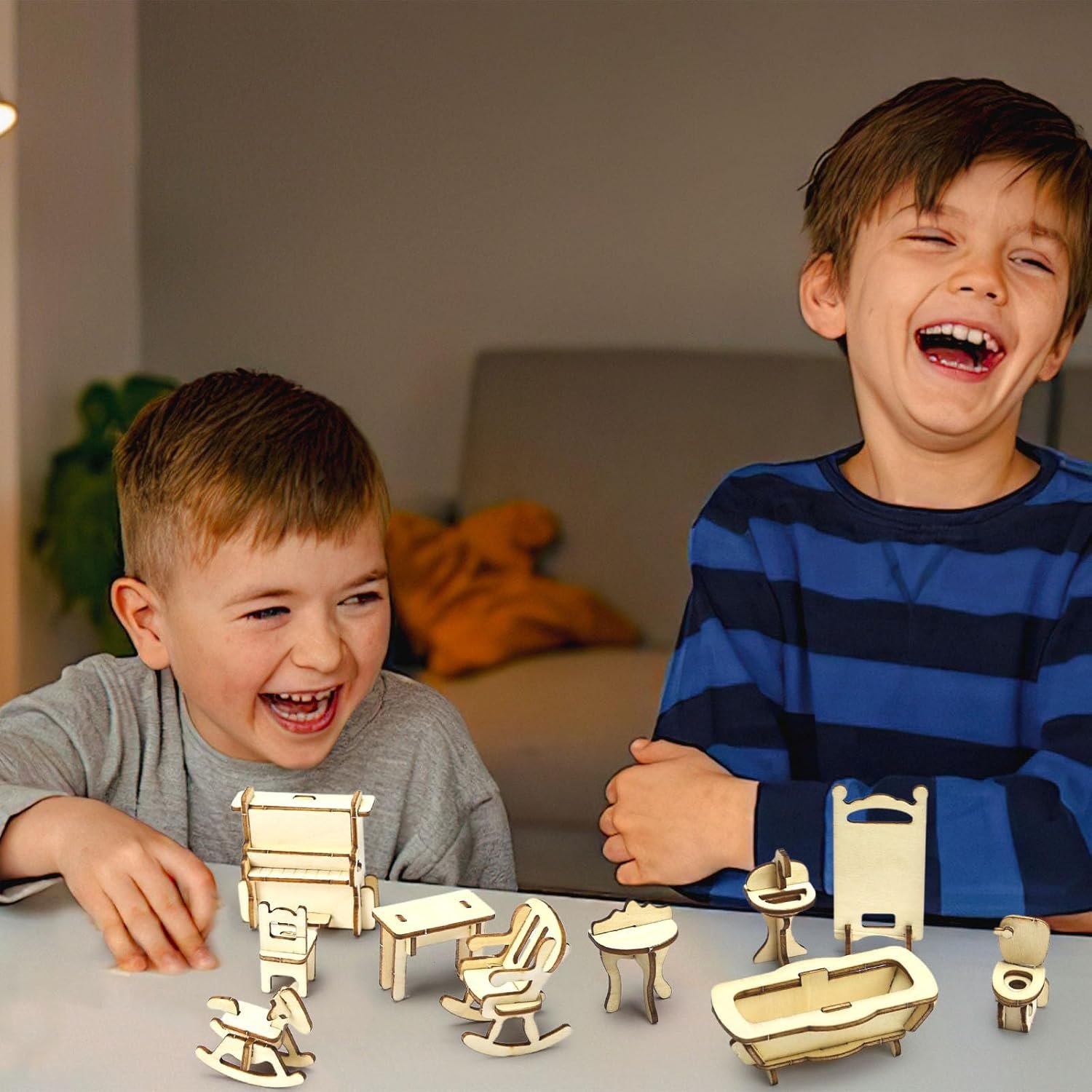 LOVEINUSA DIY Wooden Dollhouse Furniture Set, 3D Puzzle Miniature Room Accessories, Natural Wood 2 LOVEINUSA DIY Wooden Dollhouse Furniture Set, 3D Puzzle Miniature Room Accessories, Natural Wood - Image 2
