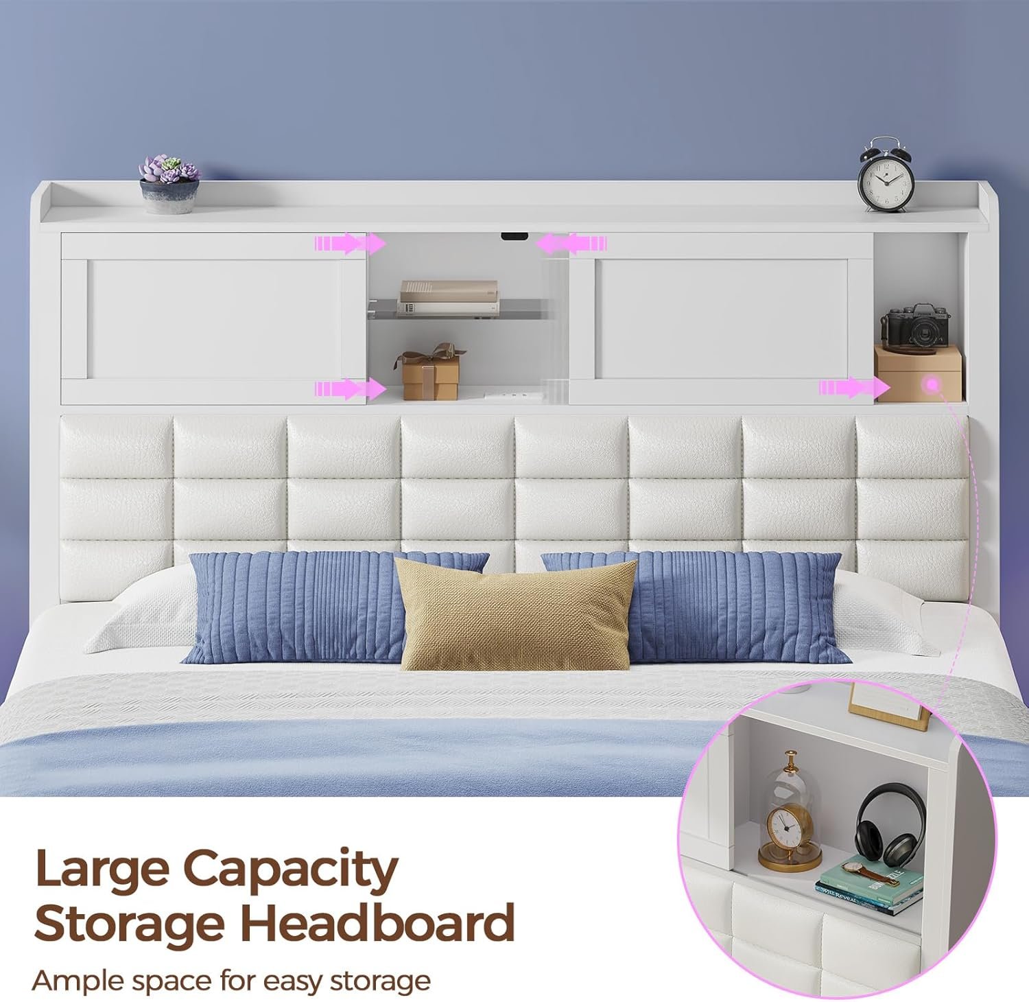 Rolanstar Bed Frame Twin Size with Charging Station, Bookcase Headboard Bed with LED Light and Sliding Doors, Platform Bed with Wooden Slats, No Box Spring Needed, Noise Free, White 5 Rolanstar Bed Frame Twin Size with Charging Station, Bookcase Headboard Bed with LED Light and Sliding Doors, Platform Bed with Wooden Slats, No Box Spring Needed, Noise Free, White - Image 5