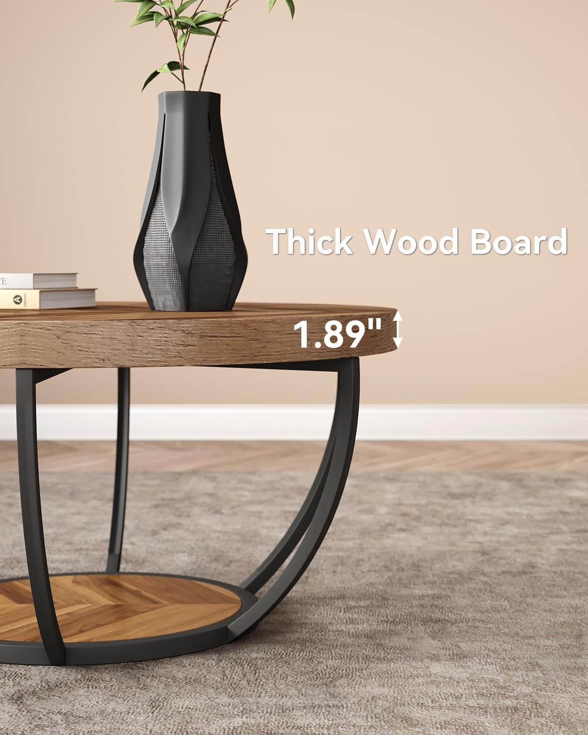 LITTLE TREE Round Coffee Table, 32" Circle Coffee Table for Living Room, 2-Tier Wood Accent Center Table with Open Storage Industrial Design Home Furniture (Wood Grain and Black) 7 LITTLE TREE Round Coffee Table, 32" Circle Coffee Table for Living Room, 2-Tier Wood Accent Center Table with Open Storage Industrial Design Home Furniture (Wood Grain and Black) - Image 7