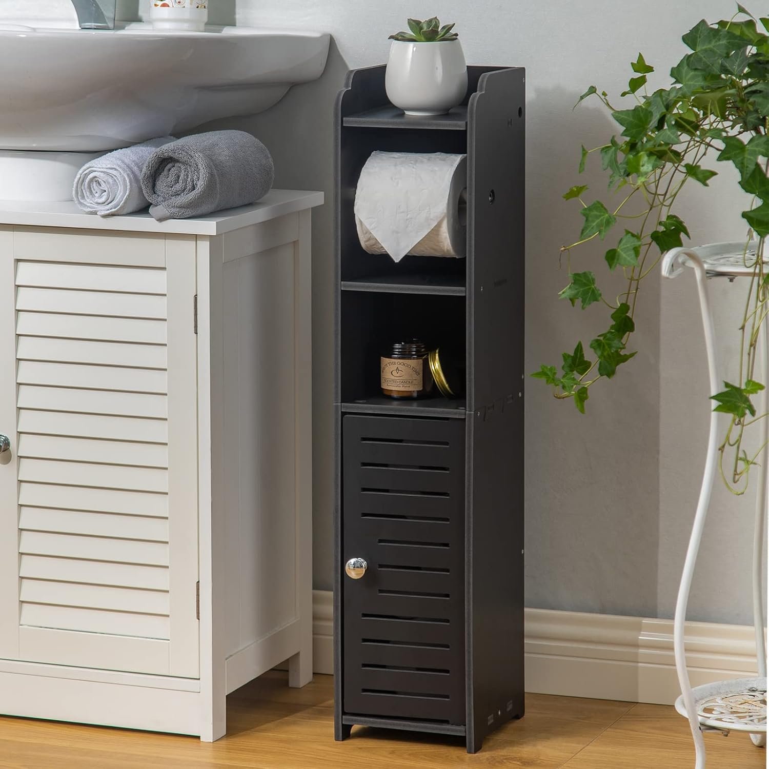 AOJEZOR Toilet Paper Holder Stand: Bathroom Storage Cabinet Beside Toilet Storage for Small Bathroom with Toilet Roll Holder - Toilet Paper Stand - Black 3 AOJEZOR Toilet Paper Holder Stand: Bathroom Storage Cabinet Beside Toilet Storage for Small Bathroom with Toilet Roll Holder - Toilet Paper Stand - Black - Image 3