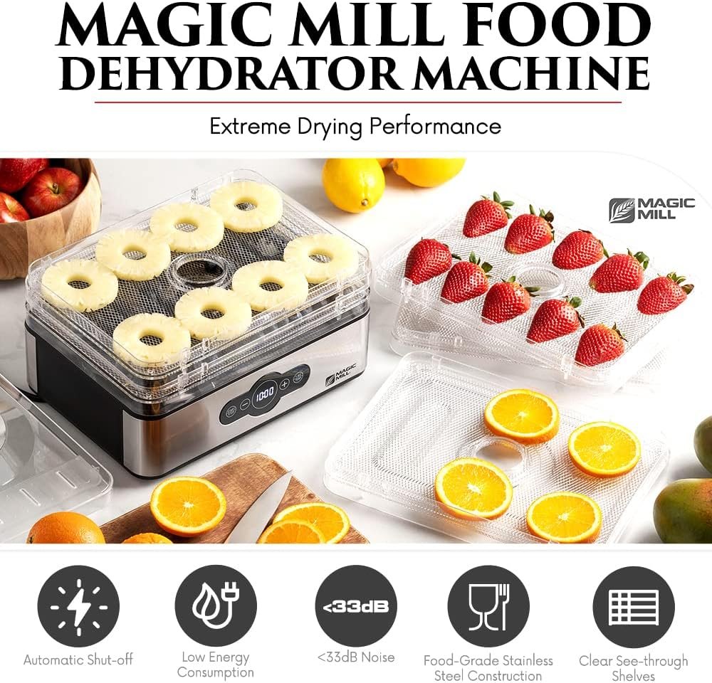 Magic Mill Food Dehydrator Machine | 5 Stackable Stainless Steel Trays Jerky Dryer with Digital Adjustable Timer & Temperature Control - Electric Food Preserver for Fruits, Veggies, Meats & Dog Treats 5 Magic Mill Food Dehydrator Machine | 5 Stackable Stainless Steel Trays Jerky Dryer with Digital Adjustable Timer & Temperature Control - Electric Food Preserver for Fruits, Veggies, Meats & Dog Treats - Image 5