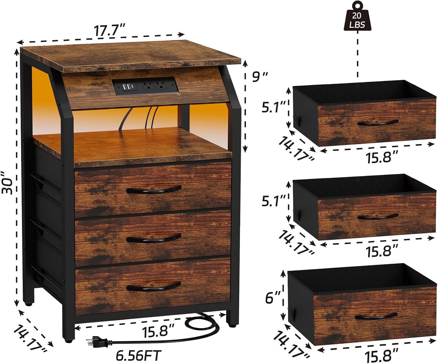 End Tables Set of 2, Nightstands with Charging Station and LED Lights, 3 Drawers Fabric Dresser, Storage Side Tables for Bedside, Living Room, Rustic Brown 3 End Tables Set of 2, Nightstands with Charging Station and LED Lights, 3 Drawers Fabric Dresser, Storage Side Tables for Bedside, Living Room, Rustic Brown - Image 3